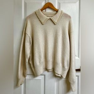 H&M Coquette Preppy Cream White Crew Neck Peter Pan Collar Pearls Cozy Sweater